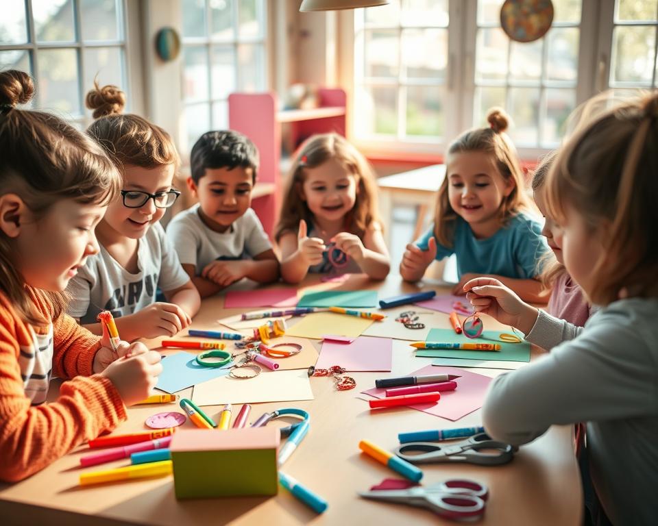 Kinder beim Basteln von Schlüsselanhängern