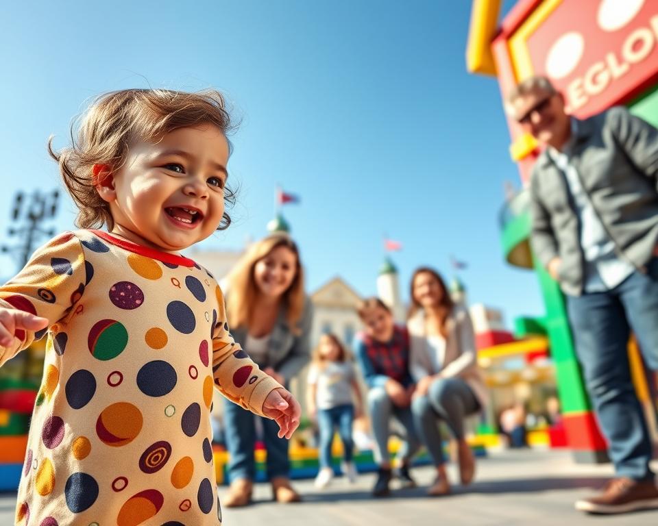 A cheerful scene at LEGOLAND München, focused on a lively area designed for young children. In the foreground, a small child dressed in colorful, modest casual clothing excitedly interacts with a large LEGO structure, perhaps a vibrant, themed play area. The middle ground features smiling parents engaging with their children and enjoying the playful atmosphere, all dressed in casual attire. The background showcases iconic LEGOLAND architecture with bright, cheerful colors under a clear blue sky. The lighting is warm and inviting, capturing a sense of joy and family bonding. A wide-angle perspective emphasizes the friendly and welcoming environment, perfect for families with toddlers.