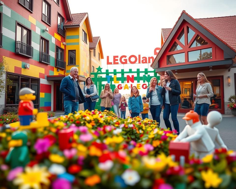 A cozy family-friendly hotel exterior situated near Legoland Günzburg, featuring colorful Lego-themed architecture. In the foreground, vibrant flower beds and playful Lego sculptures entice visitors. The middle ground portrays families with children, all dressed in modest casual clothing, laughing and taking photos, with a background showcasing the Legoland entrance, bright and welcoming. The sky is clear with soft, warm lighting, suggesting a sunny afternoon. Use a wide-angle lens to capture the lively atmosphere, evoking joy and excitement. The image conveys a sense of adventure and comfort, perfect for families looking for a fun stay amid the thrills of Legoland.