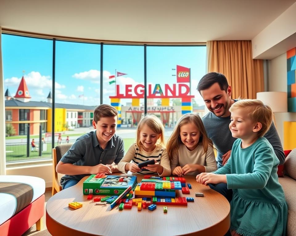 A cozy hotel room designed for families, situated near LEGOLAND München. In the foreground, a cheerful family of four, casually dressed, enjoying a playful moment together while unpacking colorful LEGO sets on a wooden table. The middle ground features a vibrant, themed decor influenced by LEGO elements—brightly colored walls and playful accessories. Panoramic windows in the background reveal a glimpse of LEGOLAND's iconic entrance under a blue sky, with a few fluffy clouds. The warm sunlight streams into the room, creating a welcoming, cheerful atmosphere. The composition captures a sense of excitement and anticipation for family adventures, evoking a mood of joy and togetherness, with an emphasis on fun and relaxation.