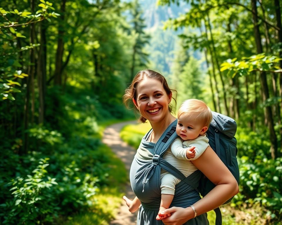 A joyful family hiking in a lush green forest, showcasing a parent carrying a baby in a comfortable baby carrier. The foreground features the parent in modest, casual outdoor attire, smiling with the baby securely attached to their chest. In the middle ground, the winding trail is surrounded by vibrant foliage and gentle sunlight filtering through the trees, creating a serene atmosphere. The background reveals a mountainous landscape, enhancing the sense of adventure. The image is captured from a slightly elevated angle to emphasize the height of the trees and the beauty of nature. Bright, natural lighting enhances the cheerful mood, inviting viewers to explore the trail ahead.