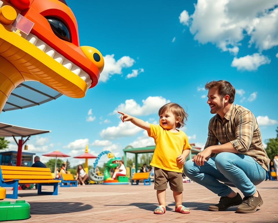 A joyful scene in Legoland featuring a young child, around three years old, exploring colorful Lego structures and interactive play areas. In the foreground, the child is pointing excitedly at a giant Lego dragon, dressed in a bright, casual outfit, while a parent kneels beside them, engaging in playful conversation. The middle layer includes various family-friendly attractions like gentle rides and shaded rest areas filled with comfortable benches, where other families relax. In the background, a blue sky dotted with fluffy clouds complements the vibrant colors of the park. Soft, natural lighting bathes the scene, evoking a warm, cheerful atmosphere perfect for family fun. The angle captures both the child’s wonder and the welcoming environment of Legoland in Günzburg.
