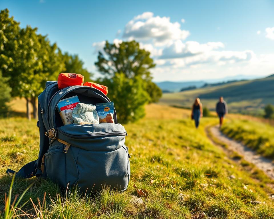 A picturesque scene set in the vibrant German countryside, showcasing an organized hiking backpack overflowing with essential baby items such as a soft baby carrier, compact blankets, and nutritious snacks. In the foreground, the backpack is resting on a sunlit grassy patch, with a baby carrier prominently displayed, emphasizing safety and comfort. The middle ground features a serene hiking trail lined with lush green trees, suggesting a peaceful atmosphere for families. In the background, gentle hills roll under a clear blue sky with soft, fluffy clouds. The lighting is warm and inviting, suggesting a late afternoon sun. A family in modest casual clothing strolls in the distance, enjoying the fresh air and the beauty of nature, embodying the spirit of a relaxed family hiking adventure.