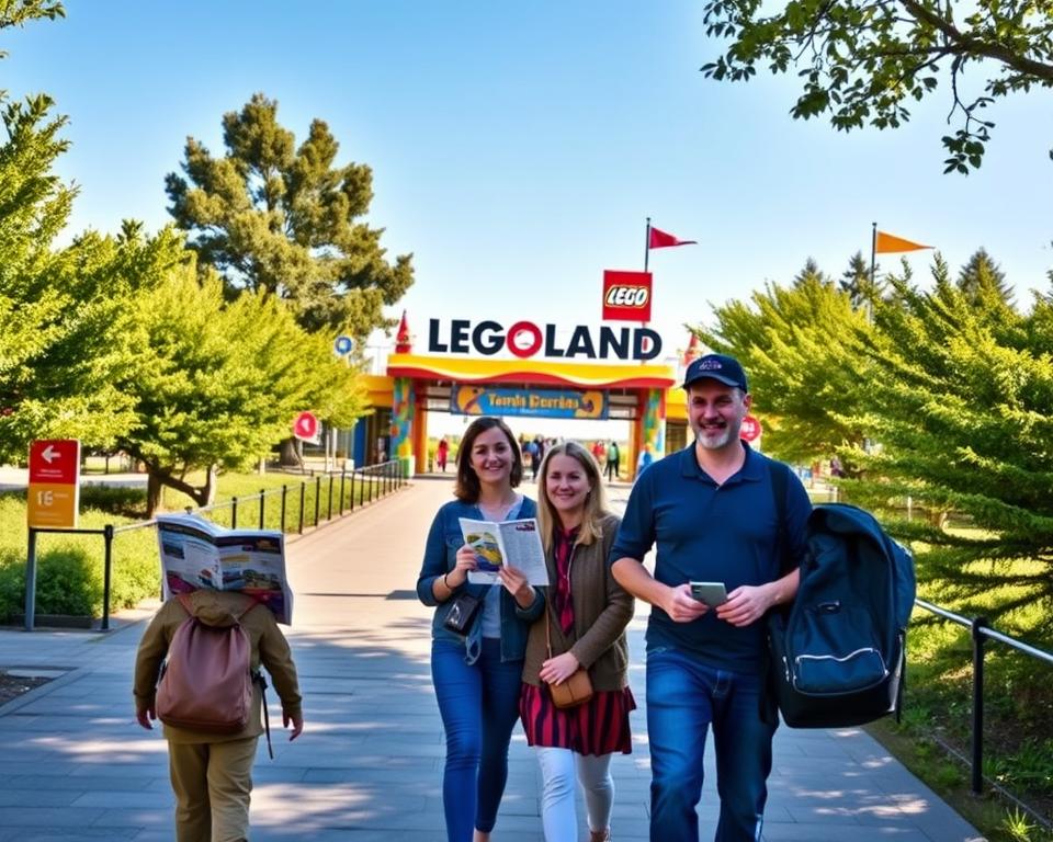 A scenic view of Günzburg, showcasing vibrant elements leading to Legoland. In the foreground, a family of four, dressed in casual, modest clothing, is happily gathering their belongings, including a map and tickets. The middle ground features a well-marked path with colorful directional signs guiding visitors. The background displays the iconic Legoland entrance, adorned with bright lego structures and cheerful banners, under a clear blue sky. Soft sunlight bathes the scene, creating a warm and inviting atmosphere, while lush green trees frame the edges, enhancing the lively, family-friendly ambiance. The composition is captured from a slightly elevated angle to convey the excitement of arriving at this magical destination.
