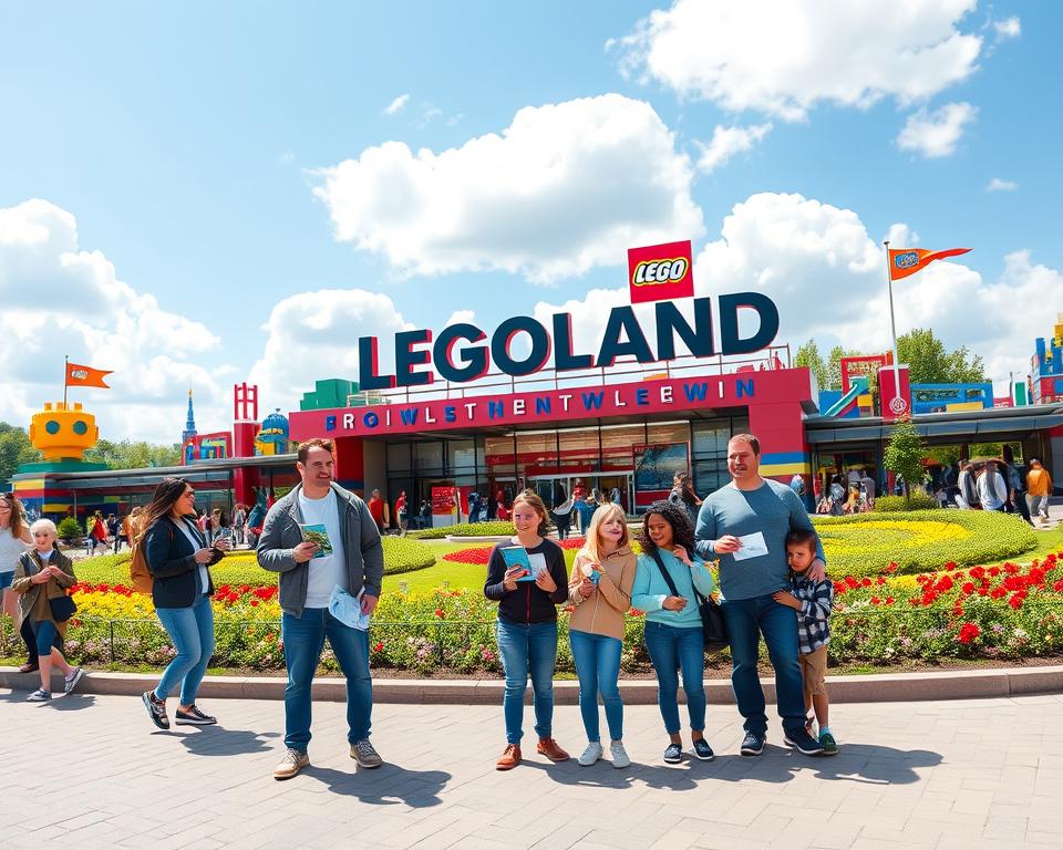 A scenic view of LEGOLAND München, showcasing the vibrant entrance filled with colorful LEGO structures and families excitedly preparing for a day of fun. In the foreground, a family of diverse individuals dressed in casual, comfortable clothing stands joyfully with maps and tickets in hand, looking towards the park. The middle ground features the iconic LEGOLAND sign and beautifully landscaped gardens with blooming flowers, drawing the eye forward. In the background, the park's attractions and rides are visible under a bright blue sky, with fluffy white clouds, creating a cheerful and inviting atmosphere. The lighting is warm and sunny, enhancing the colors of the scene, captured with a wide-angle lens to emphasize the lively gathering and the festive spirit of the park.