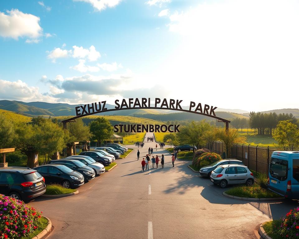 A scenic view of the "Erlebnis Safari Park Stukenbrock" entrance, showcasing an inviting path leading into the park, surrounded by lush greenery and vibrant flowers. In the foreground, depict a well-maintained parking area filled with cars, illustrating a family-friendly atmosphere. In the middle, a wide pathway lined with exotic animal exhibits can be seen, and cheerful visitors exploring the park, dressed in casual, comfortable clothing. The background features rolling hills and a bright blue sky with soft white clouds, creating an uplifting, adventurous mood. The scene should be captured during golden hour with warm lighting, emphasizing the scenic beauty of the park. Use a wide-angle lens to showcase the expansive landscape, ensuring a captivating and engaging composition.