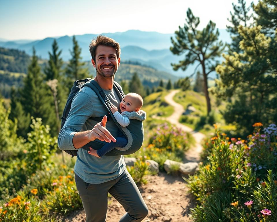 A serene family hiking scene featuring a couple with a baby in a carrier, set on a scenic mountain trail surrounded by lush green trees and vibrant wildflowers. The foreground shows the parents, dressed in comfortable, modest casual clothing, smiling and pointing towards the picturesque landscape ahead. The middle ground reveals the winding trail leading up to a distant viewpoint, framed by gentle hills and majestic mountains under a bright blue sky. In the background, soft sunlight filters through the trees, creating a warm and inviting atmosphere. Use a wide-angle lens for a dynamic perspective, emphasizing the harmony of family bonding amidst nature's beauty, ensuring a peaceful and relaxed mood overall.