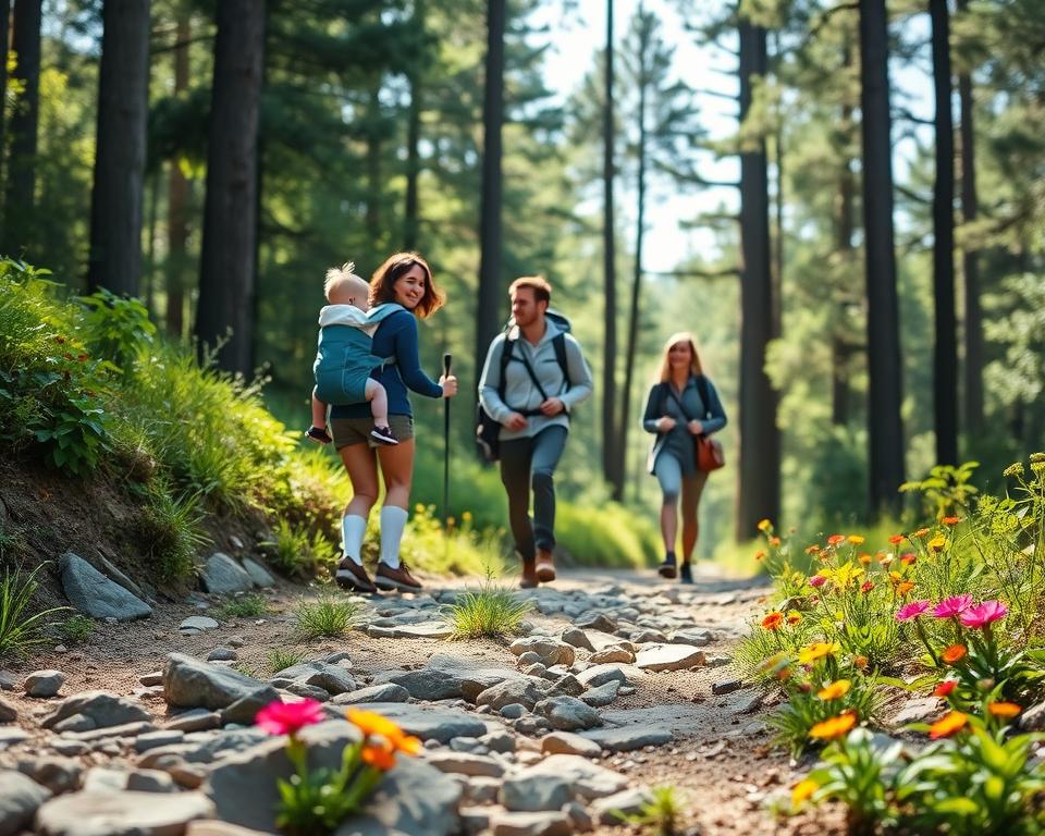 A serene hiking scene featuring a diverse family with a baby in a secure carrier on the mother’s back, surrounded by a lush green forest path. In the foreground, a carefully laid rocky trail leads the way, with vibrant wildflowers blooming along the edges. The middle ground showcases the family, dressed in comfortable yet modest outdoor clothing, smiling and interacting while maintaining a safe distance from the trail's edge. In the background, tall trees stretch towards the sky, dappled sunlight filtering through the leaves, creating a warm, inviting atmosphere. The scene captures a sense of adventure and safety, evoking feelings of peace and harmony in nature. Use soft, natural lighting to enhance the overall mood.