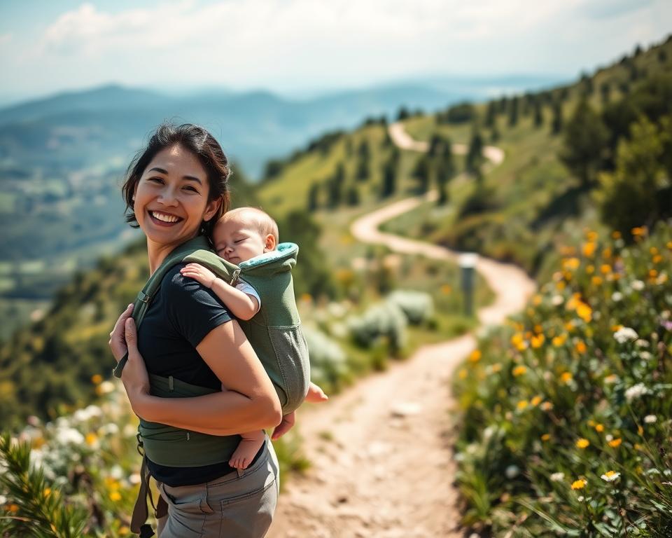 A serene hiking scene featuring a parent carrying a baby in a front-facing carrier. In the foreground, the parent, dressed in modest outdoor clothing, is smiling, showcasing a bond with the baby, who is peacefully sleeping. The middle ground includes a winding trail surrounded by lush greenery and wildflowers, indicating a gentle ascent. In the background, a picturesque landscape with rolling hills and a clear blue sky enhances the feeling of tranquility. Soft, natural lighting illuminates the scene, creating a warm and inviting atmosphere. Capture this moment at a slight upward angle to emphasize the height of the path and the beauty of the surroundings, evoking a sense of adventure suitable for families.