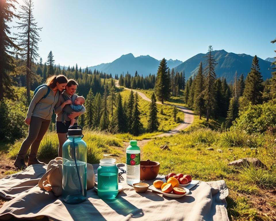 A serene hiking scene showcasing a family with a baby, equipped for a day outdoors. In the foreground, the family is gathered around a small picnic setup with a sustainable water bottle and healthy snacks laid out on a blanket. The parents are dressed in comfortable, modest outdoor clothing, while the baby is cozy in a safe carrier. In the middle ground, a lush green trail winds through a forest with dappled sunlight filtering through the trees, casting soft shadows. In the background, majestic mountains rise against a clear blue sky. The atmosphere is peaceful and inviting, emphasizing the importance of hydration during adventures. The lighting is warm and natural, enhancing the vibrant colors of nature, captured with a slight wide-angle perspective to encompass the beauty of the landscape.