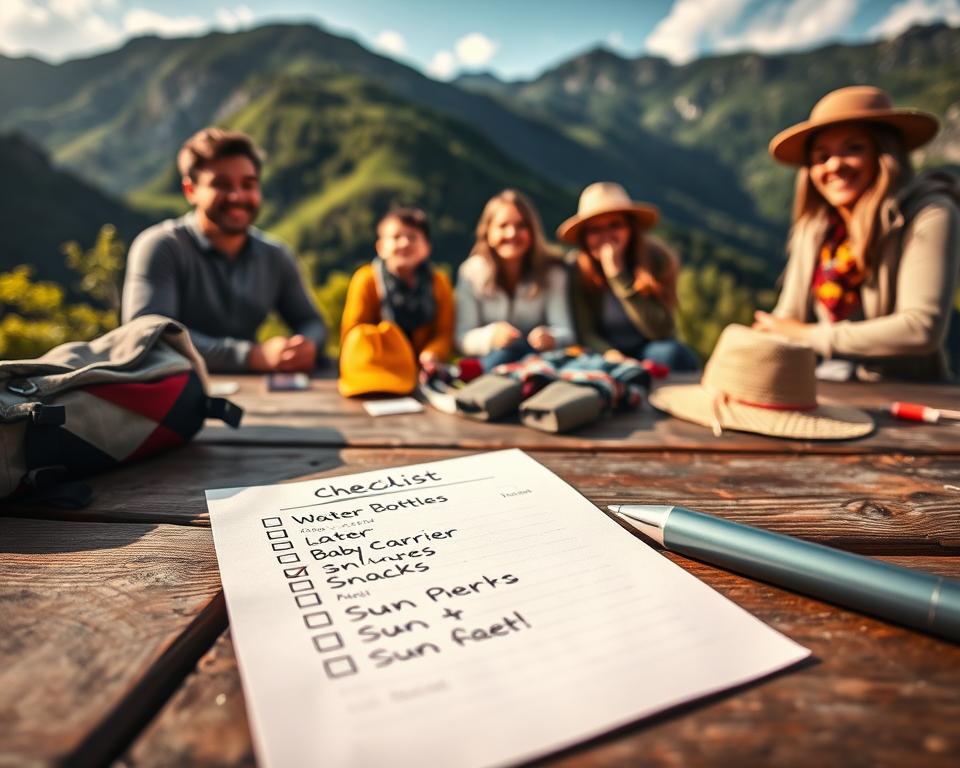 A serene outdoor scene depicting a family preparing for a hiking trip with a checklist laid out on a picnic table. In the foreground, a detailed checklist is clearly visible, featuring items like water bottles, baby carrier, snacks, and sun hats, written in a neat handwritten style. In the middle ground, the family, dressed in comfortable and modest casual clothing, is joyfully organizing their gear while showing expressions of excitement and readiness. The background reveals a beautiful mountainous landscape with lush greenery and a clear blue sky. The lighting is warm and inviting, suggesting early morning sun, creating a peaceful and encouraging atmosphere for stress-free preparation. The angle is slightly elevated to capture the family dynamics and the checklist in detail, emphasizing the concept of relaxation and planning before the adventure.
