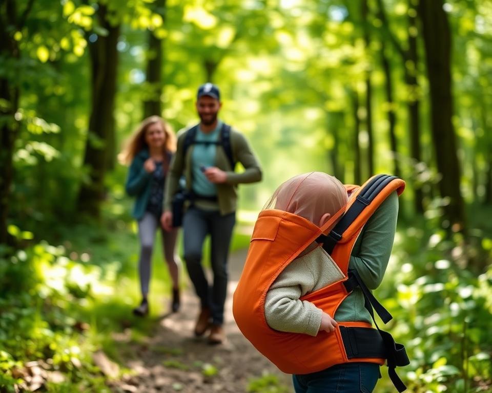 A serene outdoor scene featuring a protective baby carrier for a baby, designed against ticks and insects. In the foreground, a cozy baby nestled in a well-fitted, brightly colored carrier, securely wrapped with a protective mesh cover. The middle ground shows a serene family hiking along a forest path, all dressed comfortably yet modestly in casual outdoor attire. The background features lush green trees and soft sunlight filtering through the leaves, creating dappled light effects on the forest floor. The atmosphere is calm and family-friendly, conveying a sense of safety and protection while enjoying nature, with a gentle focus to emphasize warmth and companionship in the outdoor setting.