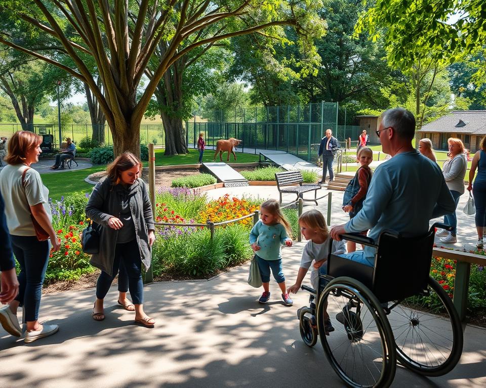 A serene scene inside Barrierefreiheit Safari Park Stukenbrock, showcasing a diverse group of visitors enjoying the accessible features of the park. In the foreground, a family with young children in modest casual clothing is interacting with a friendly animal, with a wheelchair-accessible pathway prominently featured. The middle ground depicts spacious viewing areas with ramps and benches, allowing easy access to attractions. Lush greenery and vibrant floral displays create a relaxing atmosphere, while gentle sunlight filters through the trees, casting soft shadows. In the background, well-maintained enclosures house various exotic animals, adding to the sense of adventure. The overall mood is tranquil and joyful, emphasizing comfort and inclusivity for all visitors. The perspective is slightly elevated, offering a panoramic view of this accessible safari experience.