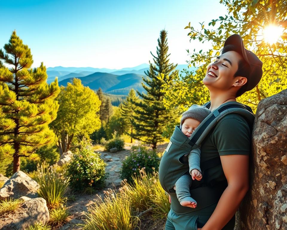 A serene scene of a family enjoying a picturesque hiking trail, showcasing a parent peacefully napping while using a baby carrier. In the foreground, the parent, dressed in comfortable hiking attire, leans against a large rock with a gentle smile, eyes closed, embodying relaxation. The baby, snugly asleep in the carrier, has a soft hat covering its head. In the middle ground, lush green trees and wildflowers frame the trail, adding vibrant colors. The background features distant mountains under a clear blue sky, with a warm, golden sunlight filtering through the leaves, creating a cozy, tranquil atmosphere. The image captures an essence of calmness and connection with nature, ideal for illustrating outdoor adventures with babies.