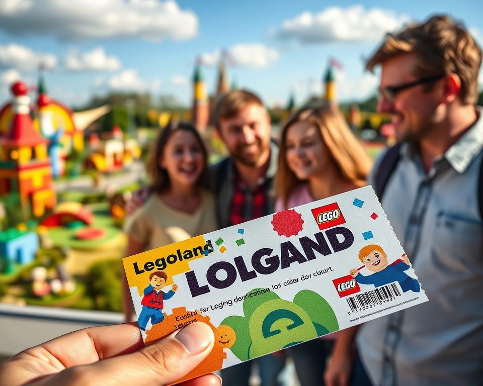 A vibrant Legoland ticket or voucher displayed prominently in the foreground, showcasing colorful designs and playful graphics inspired by the theme park. In the middle ground, an excited family, dressed in modest casual clothing, discusses their plans, with smiles and expressions of anticipation. In the background, a whimsical Legoland landscape featuring iconic attractions, colorful Lego structures, and a clear blue sky, capturing the joyful atmosphere of the park. Soft, cheerful lighting illuminates the scene, creating a warm and inviting mood. The image is shot from a slightly elevated angle, emphasizing the family’s excitement while ensuring the ticket remains the focal point.