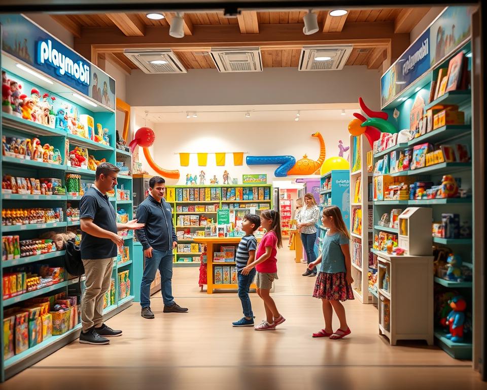 A vibrant Playmobil Shop nestled within the enchanting Playmobil FunPark, filled with colorful shelves showcasing an array of iconic Playmobil toys and souvenirs. In the foreground, a friendly shopkeeper in casual attire greets a family browsing through the merchandise, with children eagerly pointing at their favorite toys. The middle ground features eye-catching displays of plush figures, themed sets, and collectible items, while bright banners and decorations enhance the cheerful atmosphere. The background shows whimsical park attractions, subtly blurred to maintain focus on the shop. Soft, warm lighting illuminates the scene, creating a welcoming vibe. The angle captures the inviting entrance of the shop, inviting viewers to step inside and enjoy their shopping experience.