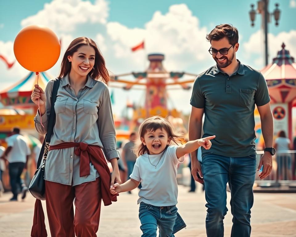 A vibrant and bustling amusement park scene showcasing a family with children enjoying a day out. In the foreground, a mother and father, dressed in modest casual clothing, guide their two excited kids—one holding a colorful balloon and the other pointing towards a safe play area. In the middle ground, a variety of attractions are visible, with well-marked safety signs ensuring parental awareness. Parents and children are seen interacting harmoniously around the rides. The background portrays a bright blue sky with fluffy clouds, and colorful rides and attractions create an engaging landscape. Soft, warm lighting enhances the joyful atmosphere, captured from a slightly elevated angle to provide a comprehensive view of the fun yet safe environment.