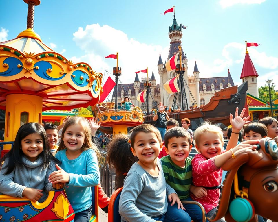 A vibrant and bustling scene from LEGOLAND Munich, showcasing its top attractions for children. In the foreground, a colorful LEGO-themed carousel with smiling children of various ethnic backgrounds enjoying the ride, wearing casual clothing. The middle area features a lively LEGO pirate ship ride, with excited kids waving their hands, surrounded by LEGO sculptures of pirates and treasure chests. In the background, a playful castle made of LEGO bricks with a bright blue sky and fluffy white clouds, adding a sense of adventure. Warm, bright lighting enhances the cheerful atmosphere, capturing the joy and fun of family attractions. Use a wide-angle lens to emphasize the lively interactions and the colorful environment, creating an inviting, family-friendly mood.