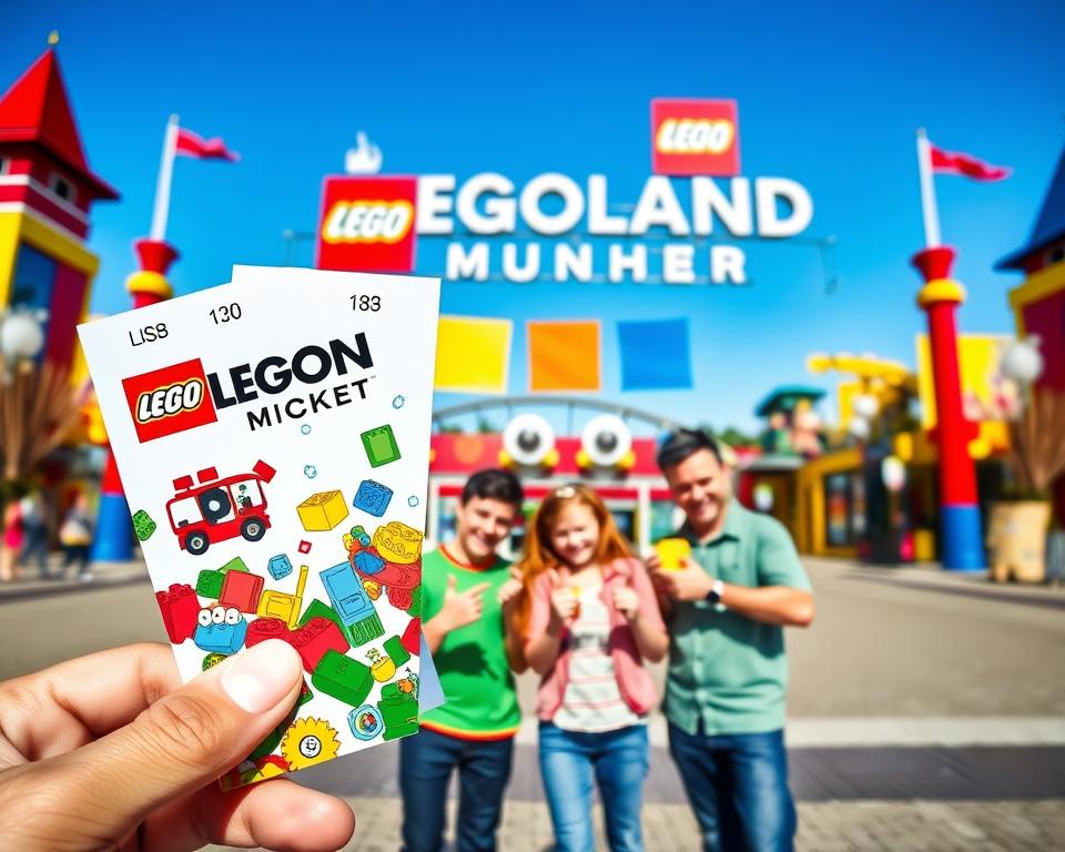 A vibrant and colorful depiction of LEGOLAND München tickets, prominently displayed in the foreground. The tickets feature bright, playful designs with iconic LEGO characters and elements, showcasing their family-friendly attractions. In the middle ground, a family of four, dressed in casual attire, eagerly holds the tickets while standing in front of the park entrance, smiling with excitement. The background shows the iconic LEGOLAND architecture, with LEGO-themed rides and structures under a clear blue sky. The scene is brightly lit, capturing the cheerful atmosphere of a fun day at the amusement park. The angle is slightly elevated, giving an expansive view of the park and emphasizing the joy of family fun.