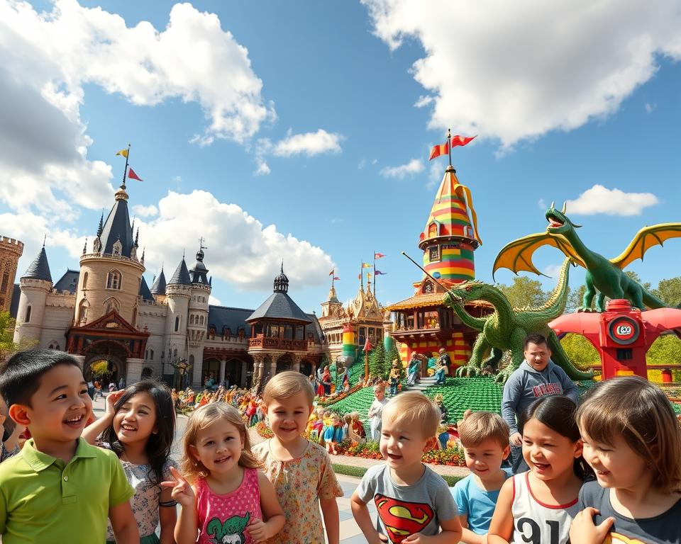 A vibrant and colorful scene depicting the Günzburg Legoland, specifically highlighting its exciting themed worlds. In the foreground, families of diverse backgrounds enjoy various attractions, with children laughing and pointing at LEGO sculptures of famous landmarks and characters. In the middle ground, elaborate themed areas such as a medieval castle, a pirate ship, and an impressive dragon ride are vividly illustrated, with brick-built structures adorned with bright colors. The background features a clear blue sky with fluffy white clouds, enhancing the cheerful mood. The lighting is warm and inviting, simulating a sunny day in summer. A wide-angle perspective captures the grandeur of the park, immersing viewers in the fun and excitement of family-friendly adventures.