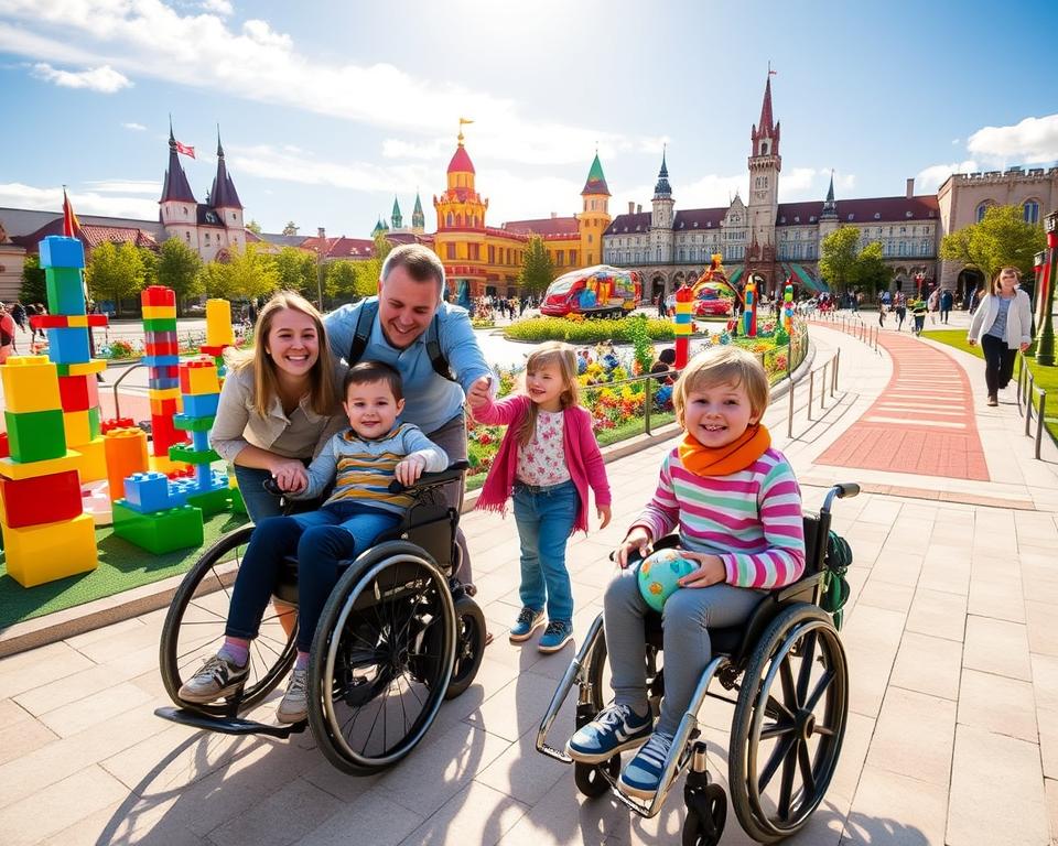 A vibrant and inviting scene at Legoland in Günzburg, showcasing accessibility features. In the foreground, a family with diverse members, including a child in a wheelchair and another wearing glasses, joyfully interacts with colorful Lego sculptures. The middle ground displays accessible pathways and attractions, such as ramps and tactile surfaces, that promote inclusivity. In the background, the iconic Legoland structures, like castles and roller coasters, can be seen under a bright blue sky with soft sunlight illuminating the area. The overall atmosphere is cheerful and welcoming, emphasizing ease of access for all visitors, creating a fun and engaging experience. The scene captures happiness and togetherness, highlighting family fun in a beautifully designed space.