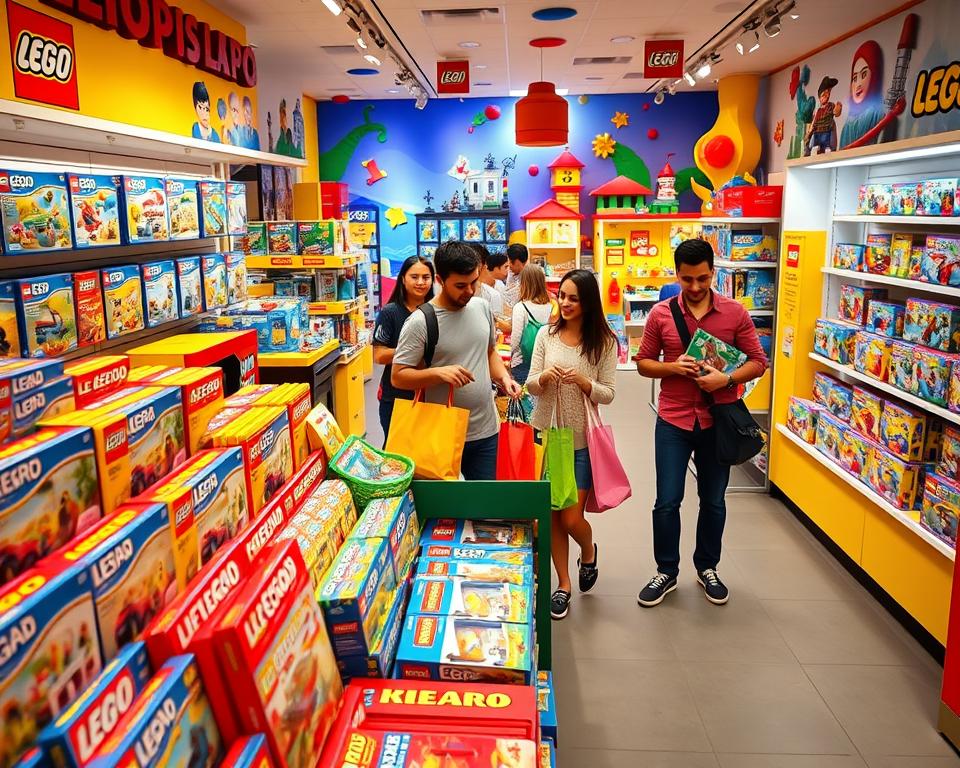 A vibrant and inviting view of the LEGO shop in LEGOLAND München, showcasing a wide assortment of colorful LEGO sets and merchandise. In the foreground, a neatly arranged display of popular LEGO sets, including themed collections and exclusive items, all in bright, eye-catching packaging. The middle layer features families and children exploring the shop, excitedly pointing at various LEGO products while holding shopping bags. The background includes whimsical LEGO-themed decor, with playful displays and cheerful colors, creating a joyful atmosphere. Soft, warm lighting bathes the scene, enhancing the inviting mood. Capture this image from a slightly elevated angle to include both the shoppers and the vibrant shop environment, conveying a sense of family fun and clever shopping. The overall feeling should be lively and enchanting, perfect for welcoming families to enjoy their shopping experience.