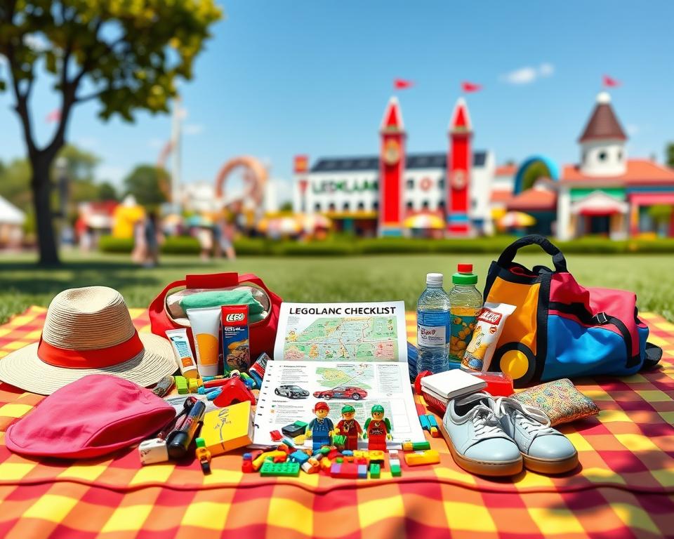 A vibrant, colorful illustration of a Legoland packing checklist laid out on a cheerful picnic blanket. In the foreground, neatly organized items including sun hats, sunscreen, water bottles, comfortable shoes, snacks, and a small map of Legoland. The middle section features a playful assortment of Lego bricks and toy figures, giving a sense of fun and adventure. In the background, a blurred view of Legoland's distinctive attractions, like roller coasters and whimsical buildings, under a bright blue sky. Soft, warm lighting casts gentle shadows, creating an inviting and happy atmosphere. The composition should evoke excitement and anticipation for a family trip to Legoland, with bright colors accentuating the joyful mood.