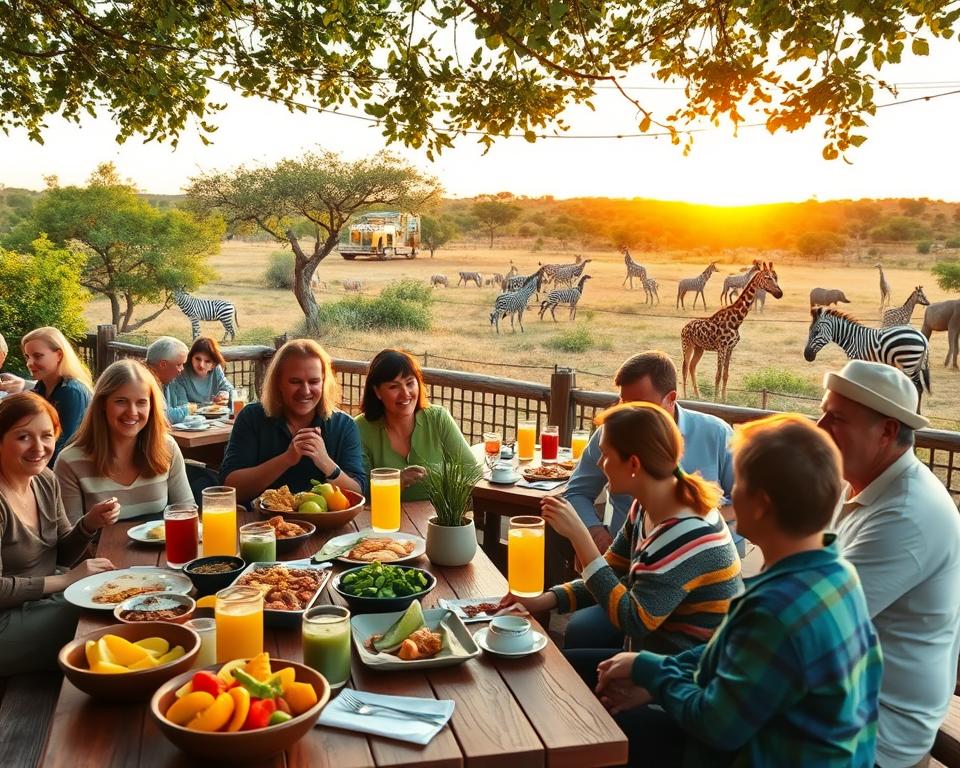 A vibrant dining area in Safari Park Stukenbrock, showcasing a picturesque outdoor restaurant. In the foreground, a wooden picnic table filled with colorful dishes, fresh fruits, and drinks, surrounded by cheerful families enjoying their meals. In the middle, visitors of diverse backgrounds in comfortable casual clothing are interacting and savoring snacks, with lush greenery and playful animals subtly visible nearby. In the background, the safari landscape unfolds, featuring a variety of animals such as zebras and giraffes under a warm, golden sunset, casting a soft glow over the scene. The atmosphere is lively and inviting, radiating the joy of outdoor dining and adventure in a family-friendly park setting. The composition should have a warm color palette with soft, natural lighting, conveying a sense of happiness and togetherness.