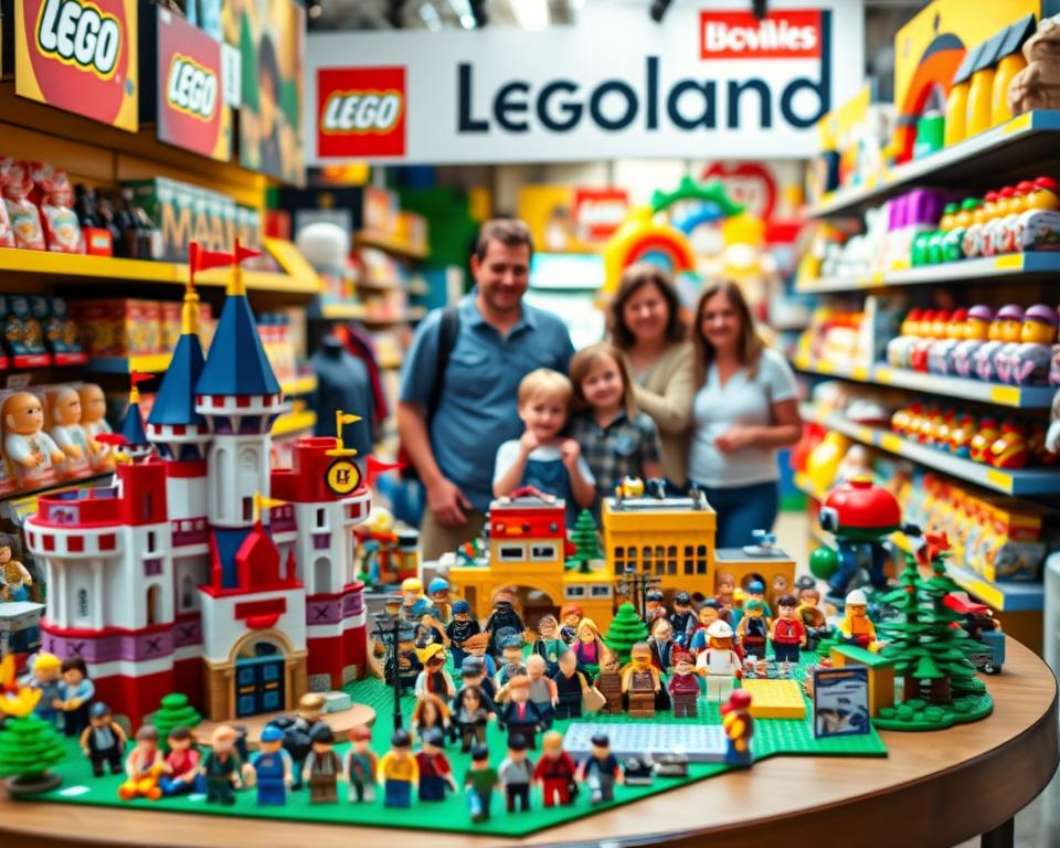 A vibrant display of Legoland souvenirs, centered in the foreground with colorful LEGO sets and minifigures arranged artistically on a wooden table. Highlights include a large LEGO castle set, whimsical minifigure packs, and plush toys inspired by LEGO themes. In the middle ground, a cheerful family of four, dressed in modest casual clothing, can be seen happily browsing an array of LEGO merchandise on shelves adorned with bright, playful colors. The background features the iconic Legoland logo and attractions softly blurred, hinting at a lively amusement park atmosphere. Bright, natural lighting enhances the cheerful mood of family fun and excitement, captured from a slight high angle to emphasize the array of goodies available.