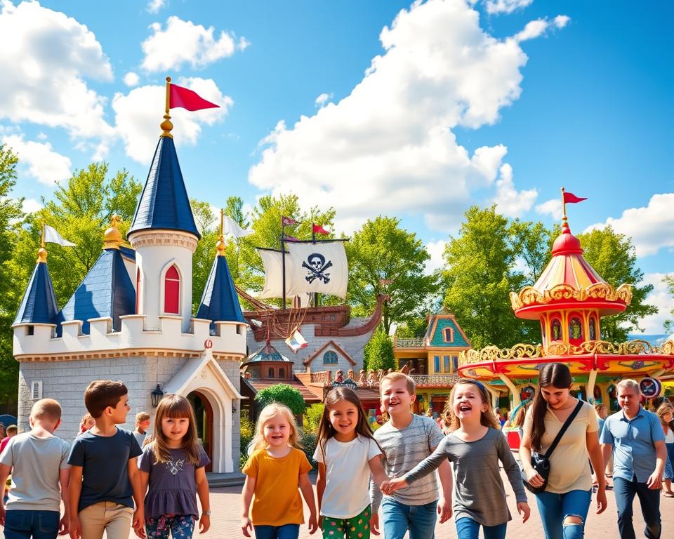 A vibrant, engaging scene from the Playmobil FunPark in Nürnberg, showcasing its top attractions. In the foreground, a colorful Playmobil castle with detailed turrets and flags, surrounded by joyful families exploring the park. Children in modest casual clothing, laughing and playing, interact with life-sized Playmobil figures. The middle layer features various themed zones, like a pirate ship and a whimsical carousel, each brimming with playful colors and elements. The background highlights green trees and a bright blue sky, filled with fluffy clouds, creating a joyful atmosphere. The lighting is warm and inviting, suggesting a sunny day. The perspective is slightly elevated to capture the expansive layout of the park while maintaining focus on the attractions' vibrant details.