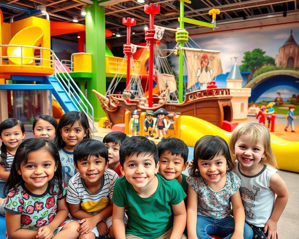 A vibrant indoor play area located in Nürnberg, featuring colorful Playmobil-themed structures, slides, and interactive play zones. In the foreground, children of various ages joyfully engage in imaginative play with character figurines, showcasing a diverse mix of cultures. The middle ground highlights life-sized Playmobil figures in playful settings, like a pirate ship and a castle, surrounded by bright, engaging colors. The background includes soft play equipment and murals depicting adventurous scenes, creating an inviting atmosphere. The lighting is bright and cheerful, with soft shadows enhancing the playful ambiance. Capture the scene from a slightly elevated angle, offering a broad view to immerse the viewer in this delightful family adventure space. The overall mood is energetic, fun, and welcoming, perfect for kids and families alike.