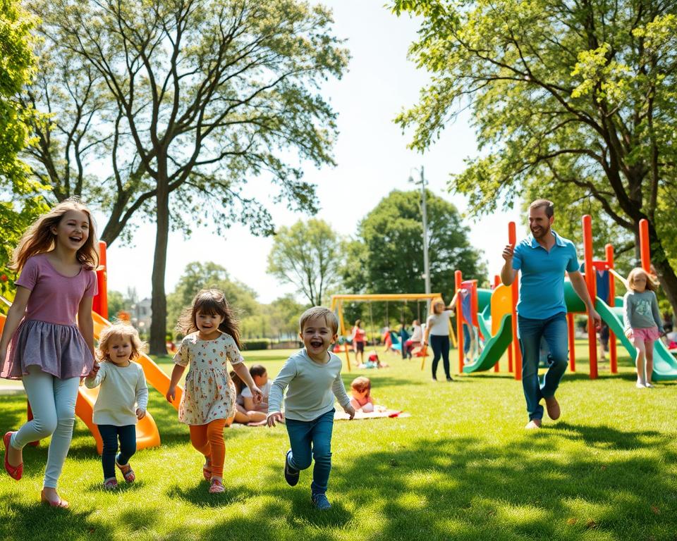 A vibrant outdoor play park scene in Nürnberg, showcasing families enjoying a sunny day filled with adventure. In the foreground, children are laughing and playing on colorful climbing structures, like slides and swings, in various modest casual clothing. The middle ground features a grassy area with picnic blankets, where parents are relaxing and watching their kids. In the background, lush trees and open skies provide a serene atmosphere, enhancing the sense of exploration. The lighting is bright and cheerful, simulating a warm, sunny day with soft shadows. The perspective is slightly elevated to capture the energetic dynamics of outdoor play, evoking feelings of joy and excitement in a safe, family-friendly environment.