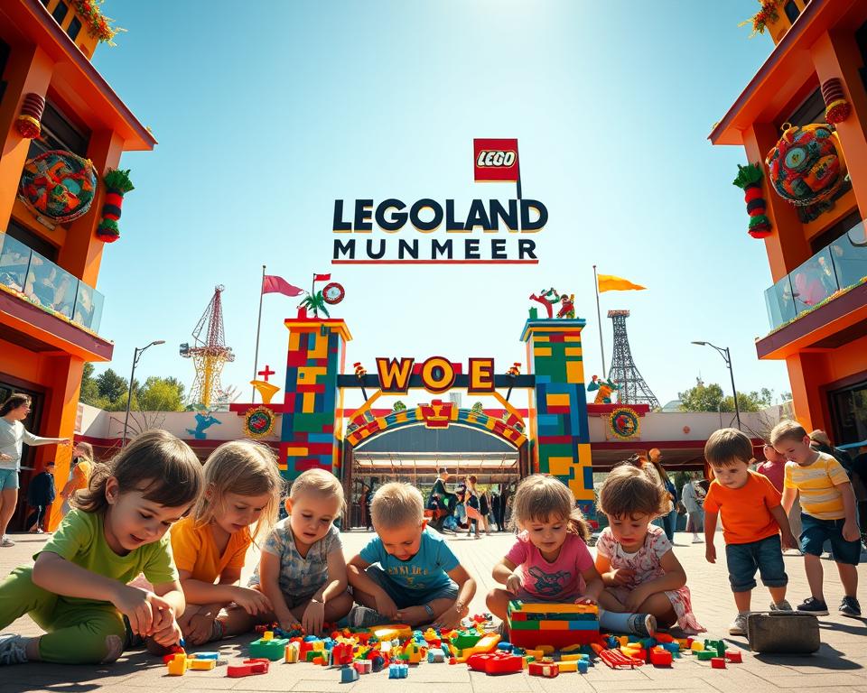 A vibrant scene at LEGOLAND München, showcasing families enjoying a sunny day at the park. In the foreground, a group of children, dressed in bright, casual clothing, joyfully builds LEGO structures, with colorful bricks scattered around them. In the middle ground, the iconic LEGOLAND entrance with its large, welcoming archway, adorned with LEGO replica models and festive decorations. Families can be seen entering the park and exploring various attractions. In the background, the silhouette of LEGO-themed rides and towering structures, set against a clear blue sky. Soft, warm lighting enhances the cheerful atmosphere, creating a sense of excitement and adventure, captured at an eye-level angle to invite viewers into the experience.