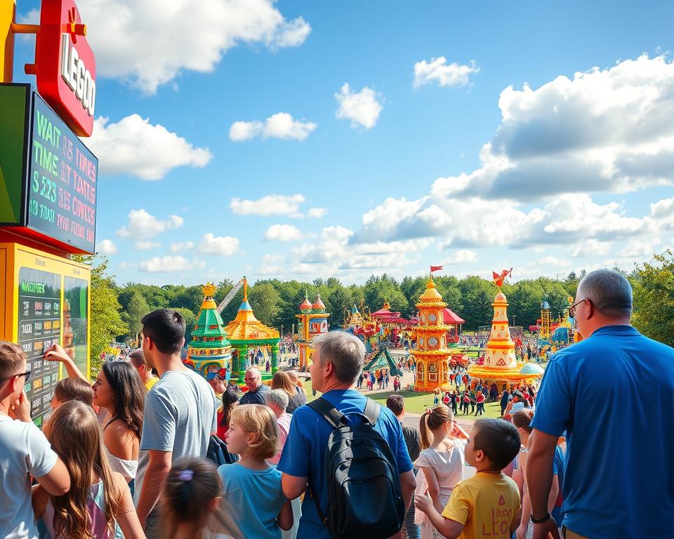 A vibrant scene at Legoland featuring families enjoying their day. In the foreground, a diverse group of parents and children are strategizing their plan with excitement, some pointing at a colorful digital wait times display. In the middle ground, various intricate Lego rides and attractions can be seen, bustling with visitors. Brightly colored Lego structures and cheerful rides create a playful atmosphere. The background showcases the sunny blue sky with fluffy clouds, along with a line of trees creating a natural boundary. The lighting is warm and inviting, suggesting a fun-filled day, captured from a slightly elevated angle to give a panoramic view of the park’s lively environment.