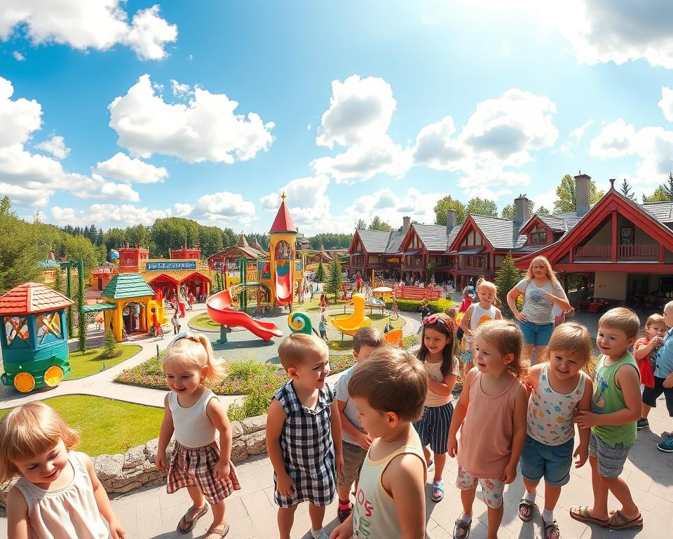 A vibrant scene at Playmobil FunPark Nürnberg, showcasing a colorful, bustling environment filled with families enjoying their day. In the foreground, children of various ages, dressed in modest summer clothing, are engaging with oversized Playmobil figures and play areas, laughing and playing. The middle ground features a variety of attractions, such as playgrounds, miniature buildings, and activity zones designed for different age groups, complemented by lush greenery and playful decorations. In the background, bright blue skies and fluffy white clouds enhance the cheerful atmosphere, while sunlight creates a warm, inviting glow throughout the scene. The angle captures a wide view, emphasizing the park's expansive design, creating a feeling of joy and adventure ideal for family outings.