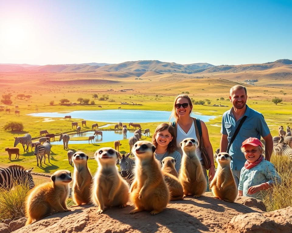 A vibrant scene at Tierwohl Safari Park, showcasing diverse animals in their natural habitats. In the foreground, a family of visitors, dressed in casual clothing, happily observing a group of playful meerkats. The middle ground features a lush savannah landscape with grazing zebras and a serene waterhole reflecting the clear blue sky. In the background, an expansive view of rolling hills dotted with trees under warm, golden sunlight, creating a welcoming and adventurous atmosphere. The mood is lively and engaging, highlighting the joy of animal encounters while emphasizing the importance of animal welfare. Use a wide-angle lens to capture the depth and beauty of the landscape, ensuring soft natural lighting to enhance the scene's warmth.