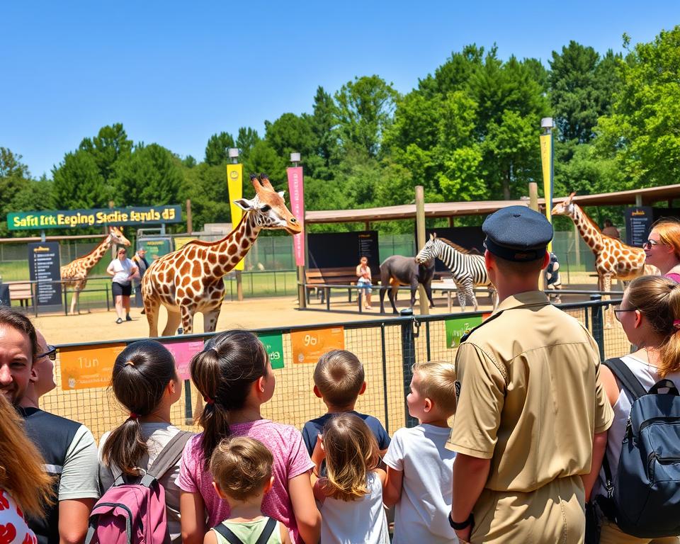 A vibrant scene at the Safari Park Stukenbrock showcasing an engaging animal feeding show. In the foreground, a diverse group of visitors, including a family with children and friends, watch excitedly as a zookeeper in a khaki uniform interacts with various animals, such as giraffes and zebras, in a safe enclosure. The middle ground features colorful banners and playful signage indicating different feeding stations. The background is filled with lush greenery, hinting at the park's lively atmosphere, with animals roaming freely in their habitats under a clear blue sky. Use warm, natural lighting to create a cheerful ambiance, capturing smiles and joy among the visitors. The composition should have a dynamic angle, emphasizing the interaction between the animals and the visitors, reflecting a fun and adventurous day at the park.