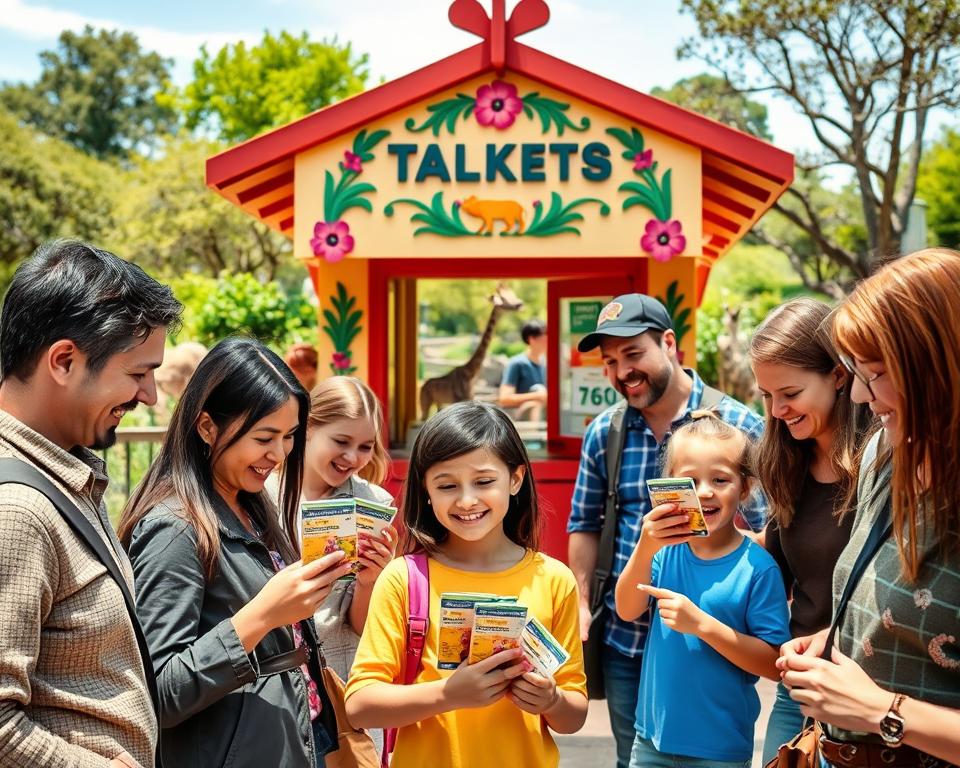 A vibrant scene capturing the essence of Safari Park Stukenbrock's ticketing area, set against a bright, sunny day. In the foreground, a diverse group of excited families, dressed in comfortable casual clothing, examines colorful paper tickets with smiles on their faces. In the middle, an attractive ticket booth with a welcoming design adorned with animal motifs and vibrant flowers, drawing attention. Behind the booth, the lush greenery of the park is visible, showcasing exotic animals in their habitats. The lighting is warm and inviting, enhancing the cheerful atmosphere. The camera angle is slightly elevated, providing a comprehensive view that evokes feelings of adventure and excitement, perfect for budget-conscious families eager to explore the park's attractions.