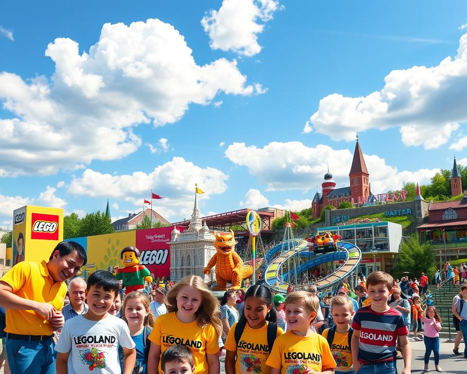 A vibrant scene capturing the excitement of events at LEGOLAND München, showcasing families enjoying various attractions. In the foreground, a cheerful family with children dressed in bright LEGOLAND shirts interacts with life-sized LEGO figures. The middle ground features colorful event banners and attractions like the Dragon Coaster, with families riding and smiling. In the background, the iconic Miniland is visible, filled with miniature LEGO replicas of famous landmarks, all under a clear blue sky filled with fluffy white clouds. The atmosphere is lively and festive, radiating joy and excitement. The image should be well-lit, with natural sunlight highlighting the vibrant colors of the park, shot from a slightly elevated angle to capture the grandeur of the event.