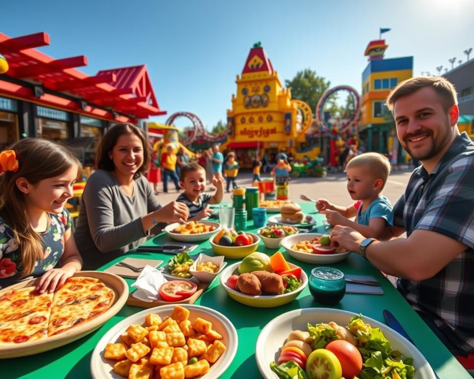 A vibrant scene depicting Legoland Essen, showcasing families enjoying delicious meals together. In the foreground, a family of four—a mother, father, and two children—are seated at a colorful outdoor table filled with various family-friendly dishes, such as pizza, burgers, and healthy salads. The middle ground features playful LEGO sculptures and themed decorations, like a miniature roller coaster and cheerful characters made of LEGO bricks. In the background, the park's iconic attractions are visible under a clear blue sky, with sunlight casting warm, inviting shadows. The atmosphere is lively and joyful, evoking a sense of adventure and togetherness, captured through a wide-angle lens at eye level to emphasize the bustling family dining experience in the heart of Legoland.