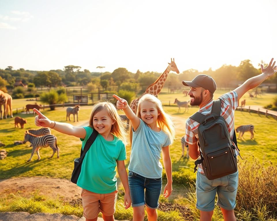 A vibrant scene depicting a family of four, including two children, joyfully exploring Safari Park Stukenbrock. In the foreground, the children, dressed in colorful casual clothing, are pointing excitedly at animals in an enclosure, capturing the spirit of adventure and wonder. The middle ground features a diverse array of animals like giraffes, zebras, and lions, complemented by the lush greenery of the park. In the background, the sun shines brightly, casting a warm golden light over the scene, enhancing the cheerful atmosphere of a fun family outing. The image is shot from a slightly elevated angle, providing a panoramic view of the park's vibrant landscape, designed to evoke feelings of joy and exploration, perfect for families on a day out in nature.