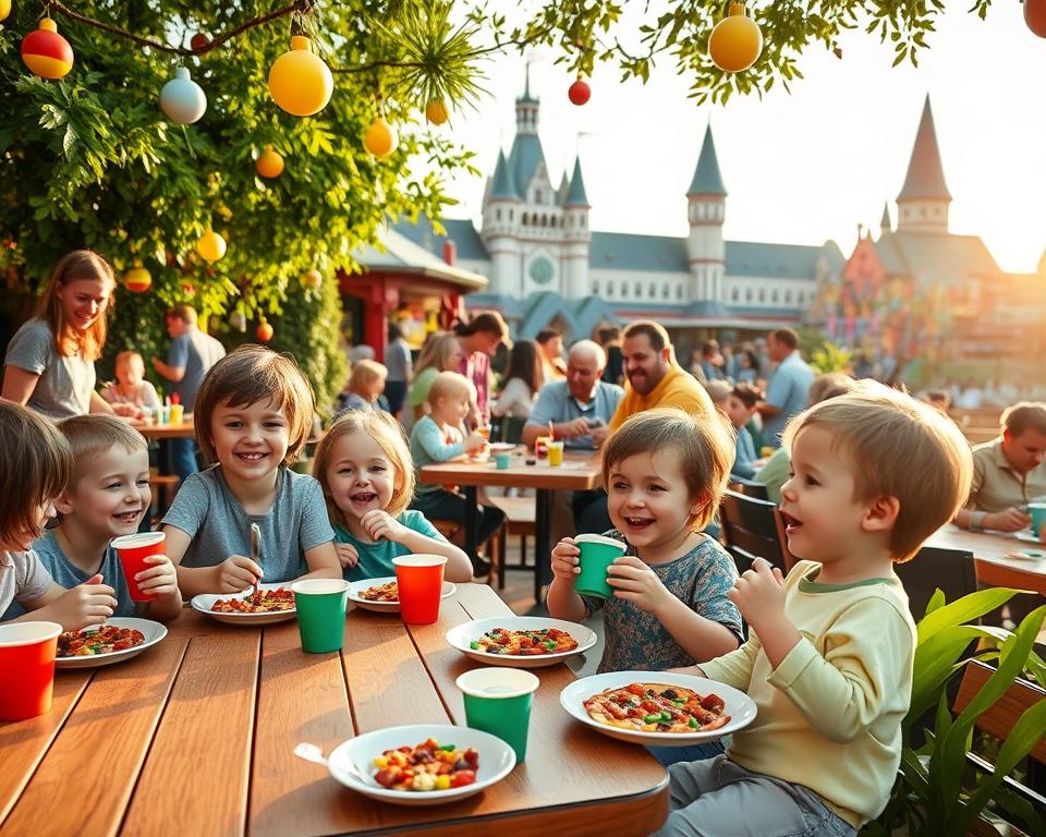 A vibrant scene from LEGOLAND München, showcasing a lively outdoor dining area filled with families enjoying various meals. In the foreground, a wooden dining table is adorned with colorful LEGO-themed plates and cups, where children laugh while savoring pizza and ice cream. The middle ground features cheerful families seated at tables, with some parents creating LEGO models with their kids. In the background, the iconic LEGO castle and fun attractions create a whimsical atmosphere, illuminated by soft, warm sunlight, enhancing the joyful mood. Incorporate lush greenery and playful decorations around the dining areas. Capture the essence of family fun and sharing great food in this inviting setting.