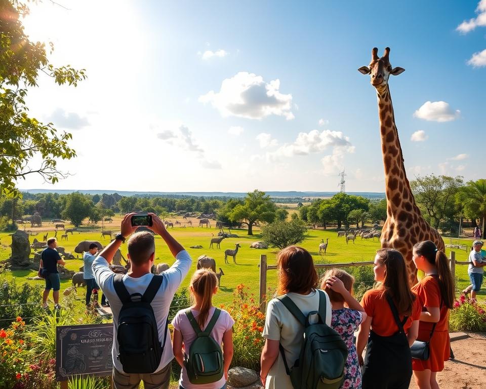 A vibrant scene from Safari Park Stukenbrock, showcasing an exotic wildlife habitat filled with lush greenery, colorful flowers, and natural rock formations. In the foreground, a family of visitors, dressed in casual yet modest clothing, enthusiastically capturing photos of a majestic giraffe reaching for the treetops. In the middle ground, a diverse collection of animals, such as zebras and antelopes, gracefully roam within their enclosures, while other visitors enjoy the picturesque scenery. The background features expansive parkland under a bright, sunny sky with soft, fluffy clouds, creating a lively atmosphere. The lighting is warm and inviting, enhancing the vivid colors of the landscape. The angle is slightly elevated to provide a panoramic view, emphasizing the beauty of this adventure-filled location.