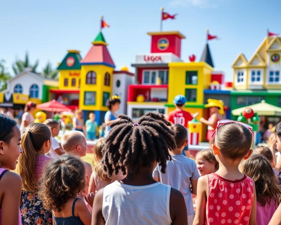A vibrant scene from a Legoland show, featuring colorful LEGO models and lively performances on a sunlit outdoor stage. In the foreground, excited families with children of diverse backgrounds watch attentively, dressed in casual summer clothing. The middle ground showcases performers in bright costumes, interacting with large, animated LEGO characters, engaging the audience with a joyful atmosphere. The background reveals whimsical LEGO buildings, and a clear blue sky adds to the cheerful setting. Soft, natural lighting highlights the bright colors, and the angle captures the energy of the moment, emphasizing the fun and family-friendly experience that Legoland offers.