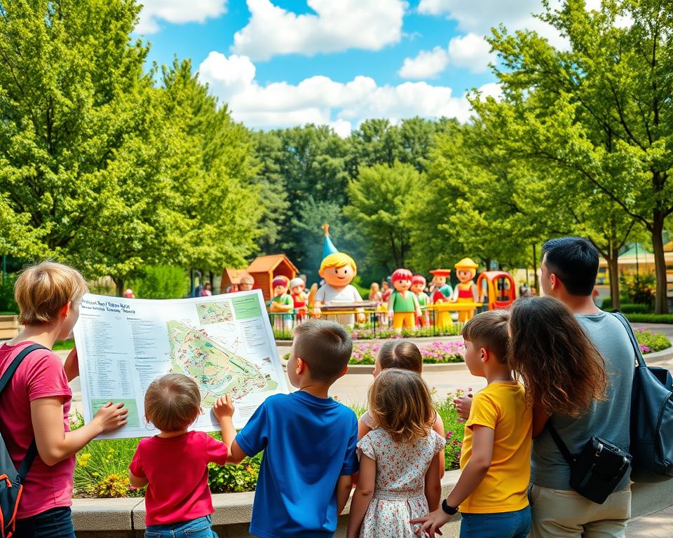 A vibrant scene in a family-friendly amusement park setting, capturing the essence of "Orientierung im Park". In the foreground, a diverse group of families with children, dressed in casual, colorful clothing, are studying a large, detailed park map, looking excited and engaged. The middle ground features a whimsical, Playmobil-themed playground filled with cheerful, oversized figures and colorful play structures. In the background, lush green trees and flower beds create a picturesque park atmosphere, under a bright blue sky with fluffy white clouds. Soft, natural lighting brightens the scene, accentuating the joyful mood. The angle is slightly tilted, giving a dynamic perspective that draws viewers into the lively environment, fostering a sense of adventure and discovery.