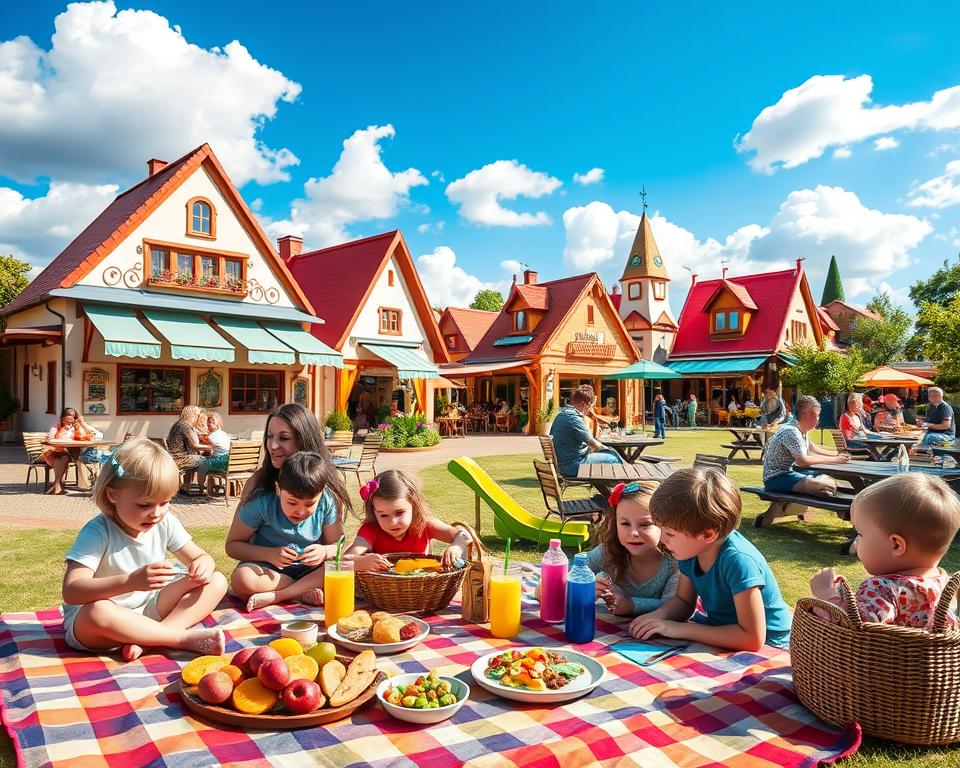 A vibrant scene of Essen Playmobil FunPark filled with families enjoying a sunny day, showcasing a variety of dining options. In the foreground, a colorful picnic setup features a picnic blanket with delicious snacks, fruit, and drinks. Children play with Playmobil figures and toys, adding a playful touch. The middle ground reveals charming, themed restaurants with outdoor seating, where parents are enjoying meals while kids have fun in the nearby playground. The background displays a bright blue sky, fluffy white clouds, and the whimsical architecture of the park, enhancing the joyful atmosphere. Soft, warm lighting captures the cheerful mood of a family adventure day, shot with a slightly elevated angle for depth.