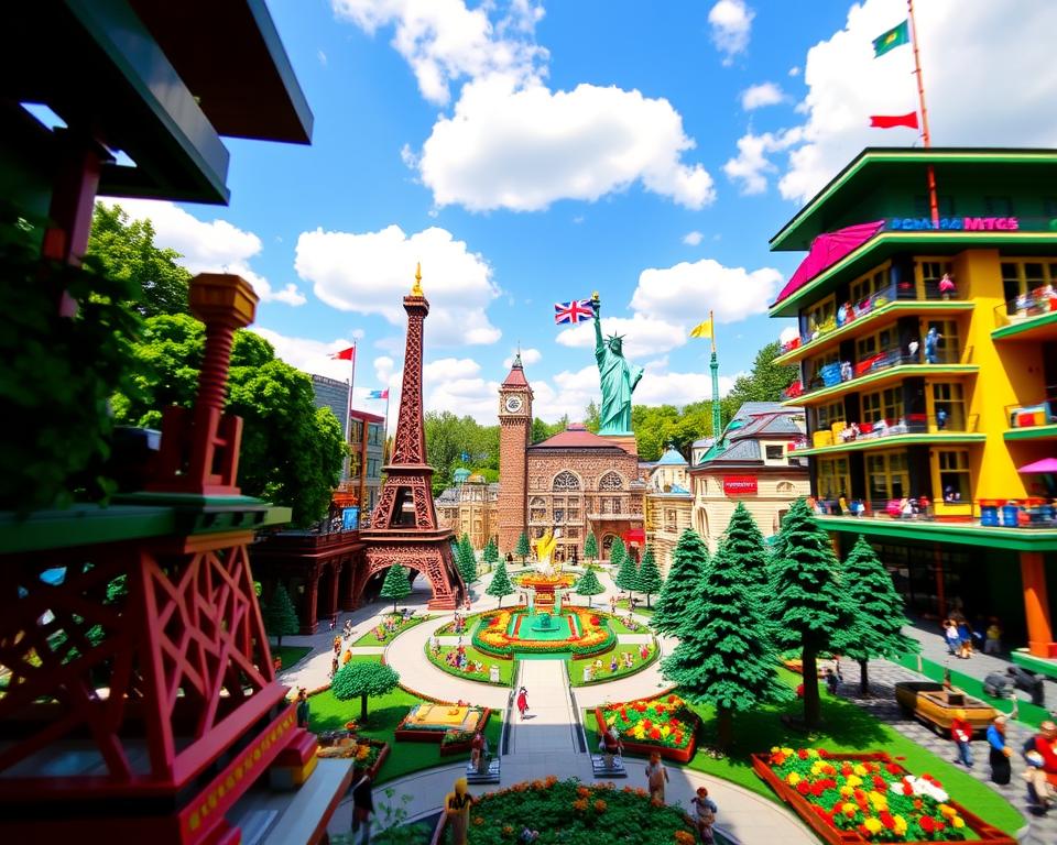 A vibrant scene of Legoland Miniland, showcasing intricate miniature LEGO models representing famous landmarks and cities from around the world. In the foreground, colorful LEGO structures like a miniature Eiffel Tower and Statue of Liberty are detailed with tiny tourists made from LEGO bricks. The middle ground features a lush, landscaped park connecting these models, complete with LEGO flowers and trees. In the background, a bright blue sky is dotted with fluffy clouds, softly illuminated by warm sunshine. The angle is slightly elevated, capturing the layout and scale of the models, evoking a sense of wonder and joy. The atmosphere is playful and enchanting, inviting viewers to lose themselves in the magic of LEGO creativity.