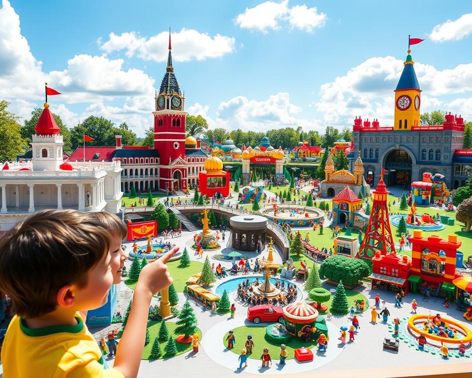 A vibrant scene of "Miniland LEGOLAND," featuring meticulously crafted miniature buildings and landscapes made of colorful LEGO bricks. In the foreground, children of various ethnicities excitedly explore the LEGO structures, pointing and smiling at the intricate details of a famous landmark. The middle ground captures a variety of themed areas, including a miniature cityscape, nature scenes, and a whimsical amusement park. Each section is filled with playful LEGO figures in action, creating a sense of liveliness. In the background, soft, bright sunlight bathes the scene, casting cheerful shadows, while fluffy clouds drift in a clear blue sky. The image conveys a joyful family atmosphere, inviting visitors to marvel at the wonder and creativity of LEGOLAND.