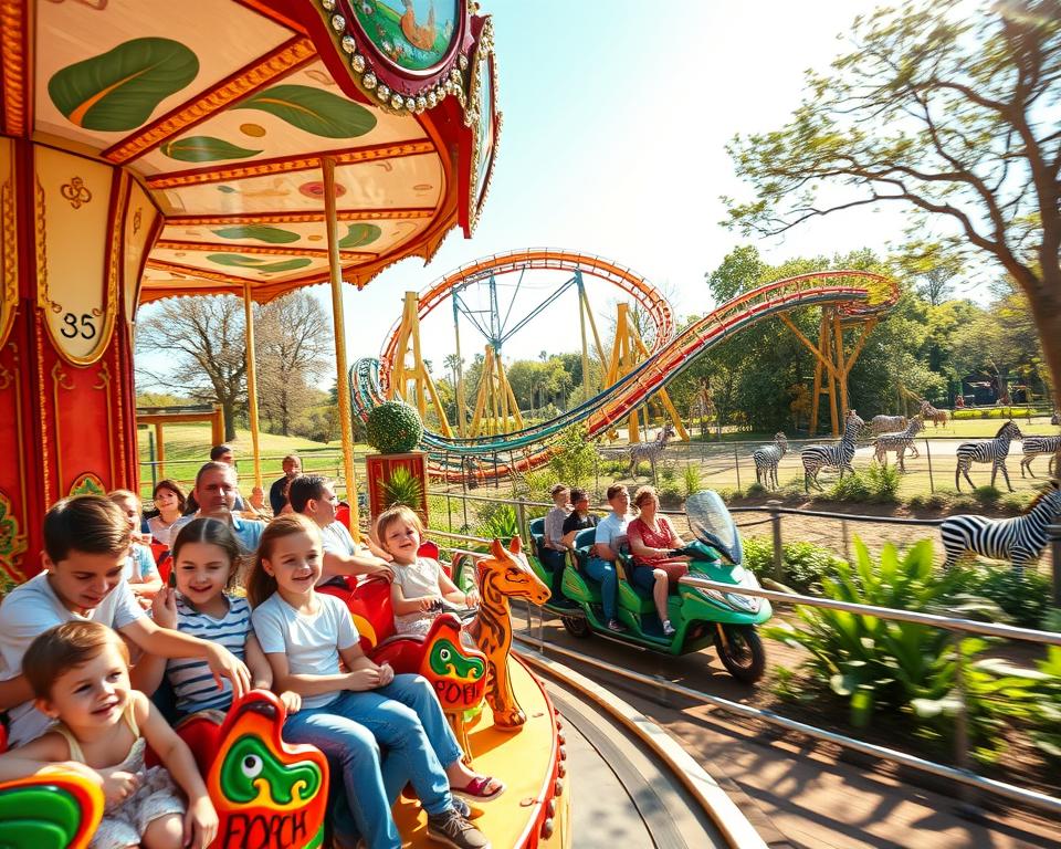 A vibrant scene of a "Freizeitpark Bereich Safari Park" filled with thrilling attractions and family-friendly activities. In the foreground, families with children are enjoying a carousel featuring jungle animals, all designed in bright, cheerful colors. In the middle ground, an exciting roller coaster zooms by, with riders' expressions of joy and adrenaline visible as they swoop through green jungle-themed areas filled with exotic plants. The background features an open safari area with a variety of wildlife, such as zebras and giraffes, under a bright blue sky. Soft, warm sunlight filters through the trees, creating a welcoming and adventurous atmosphere. The lens captures the scene from a slightly elevated angle, enhancing the feeling of motion and excitement while maintaining a sense of safety and fun.
