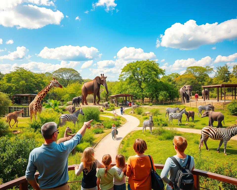 A vibrant scene of the Safari-Strecke at Safari Park Stukenbrock, showcasing a diverse array of exotic animals such as giraffes, zebras, and elephants in their natural habitats. In the foreground, a family of visitors is seen enjoying the tour, dressed in modest casual clothing, pointing excitedly at the animals. The middle ground features lush green vegetation and pathways winding through the park, with open enclosures that mimic the animals' natural environments. In the background, a bright blue sky with fluffy white clouds enhances the lively atmosphere. Soft, warm sunlight filters through the trees, casting dappled shadows on the ground. The composition should evoke a sense of wonder and adventure, inviting viewers to experience the thrill of the safari.